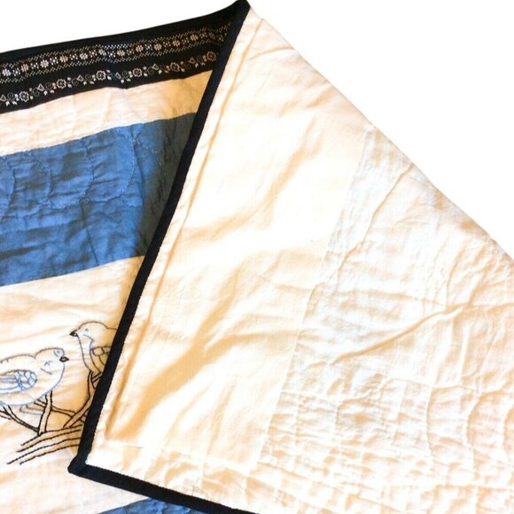 Handmade Four Patch Squares Quilt Embroidered Love Birds Blue White STAINED - Picture 7 of 12